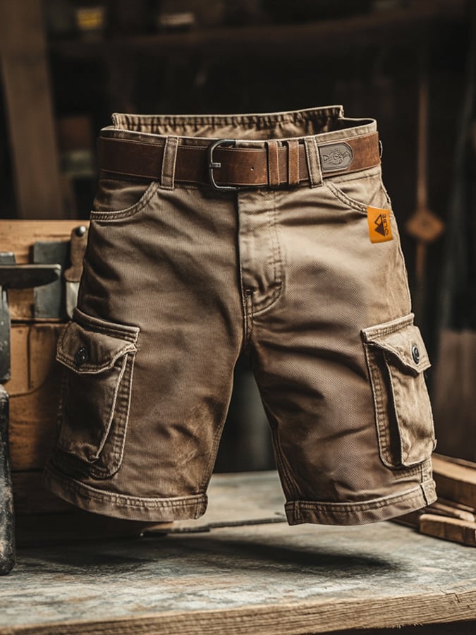 Men's Cargo Shorts Vintage Wash Belted Multi-Pocket - Brown