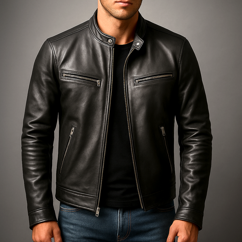 Men's Leather Jacket Slim Fit Band Collar - Black