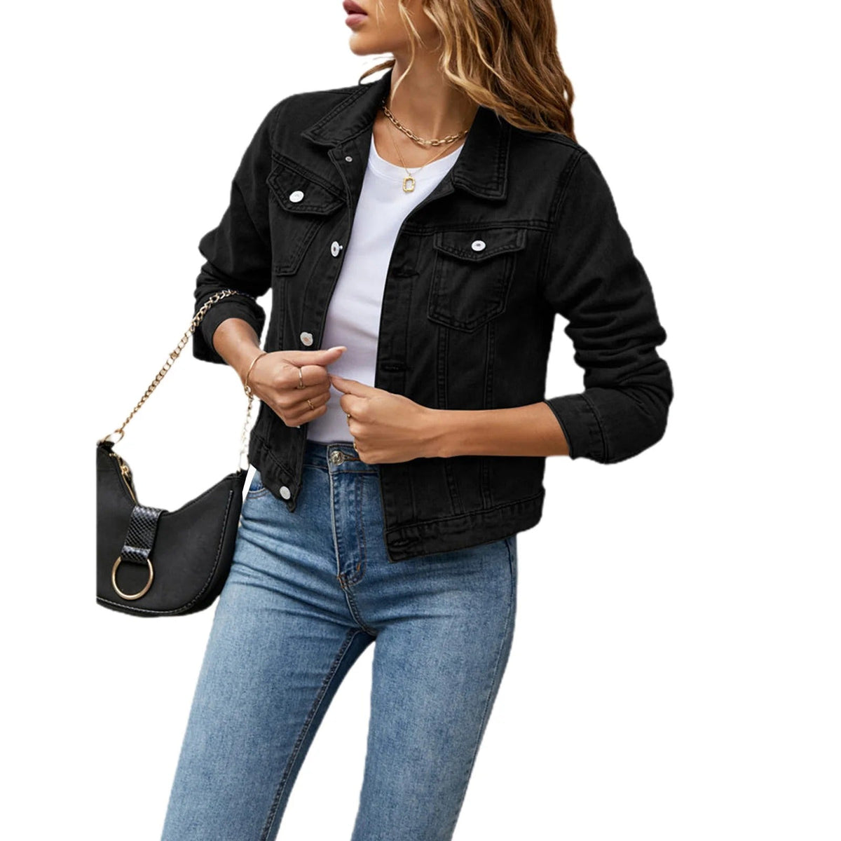 Women's denim jacket with point collar, button front and chest pockets