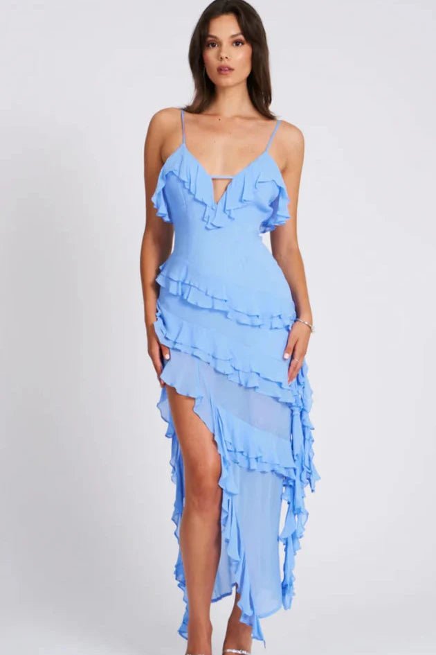 Women's Asymmetrical Ruffle Midi Dress Spaghetti Strap Bodycon Fit | Blue