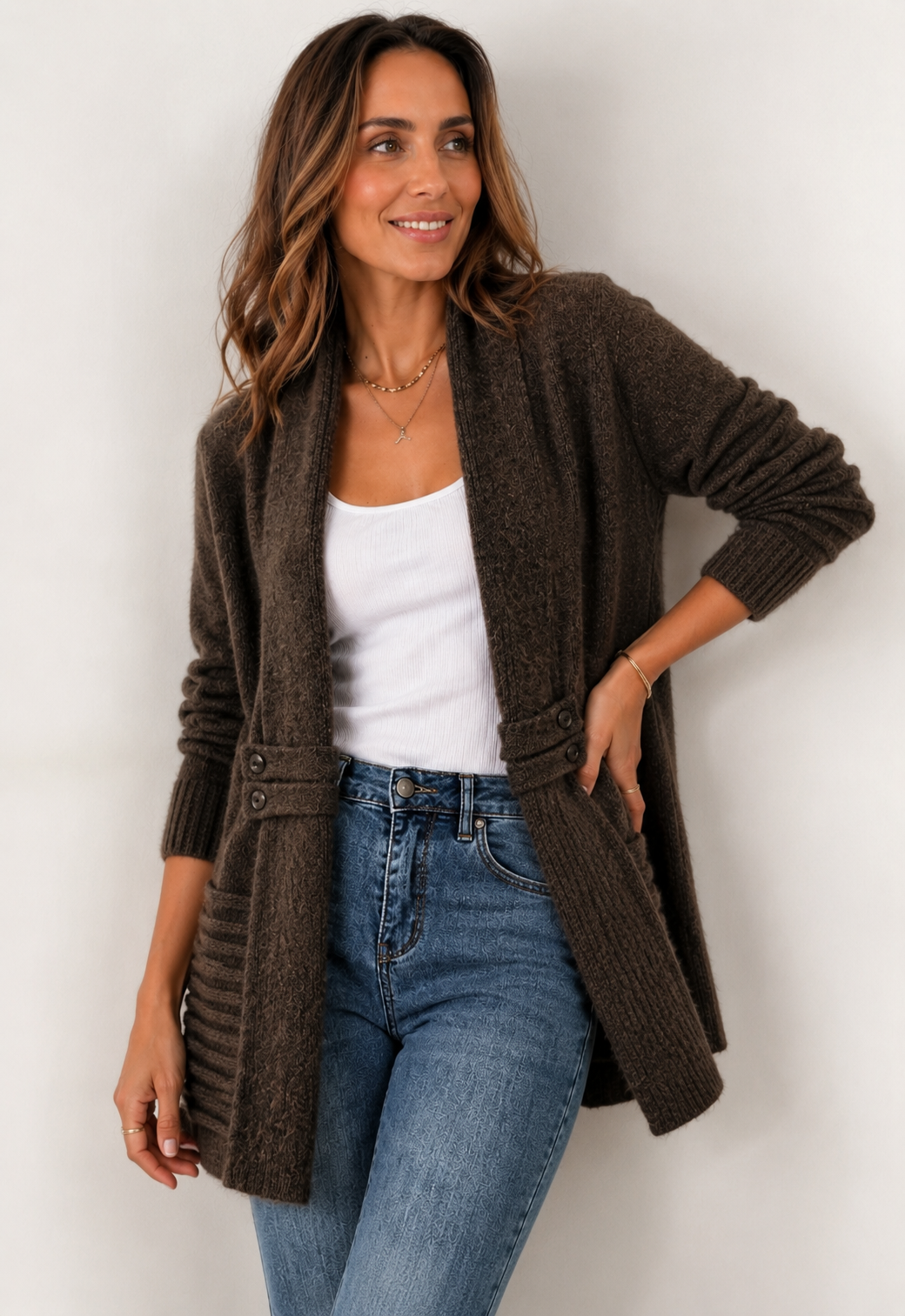 Women's textured open-front longline jacket with shawl collar and button details