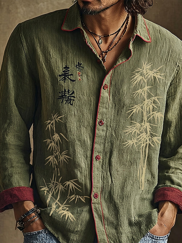Men's long-sleeved shirt with bamboo artwork, calligraphy and contrast trim
