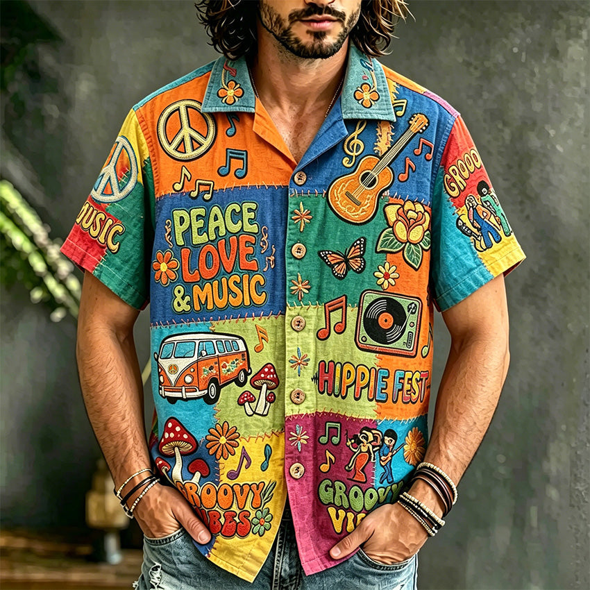 Men's short-sleeve patchwork shirt with peace, love and music illustrations
