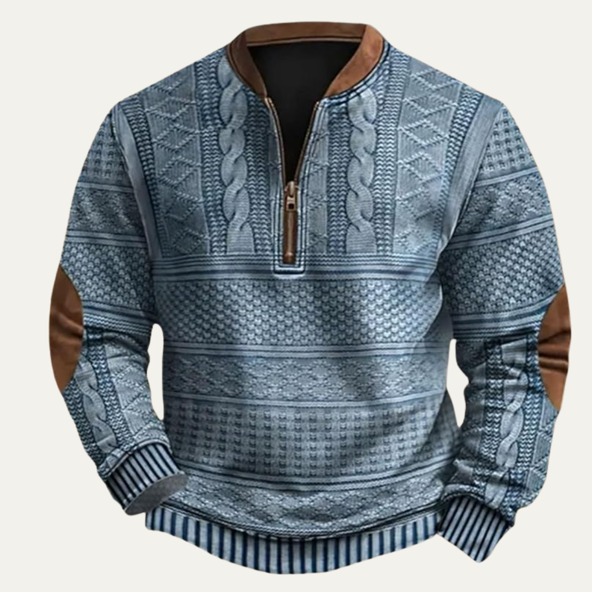 Men's textured patterned half-zip sweater with elbow patches and ribbed trims