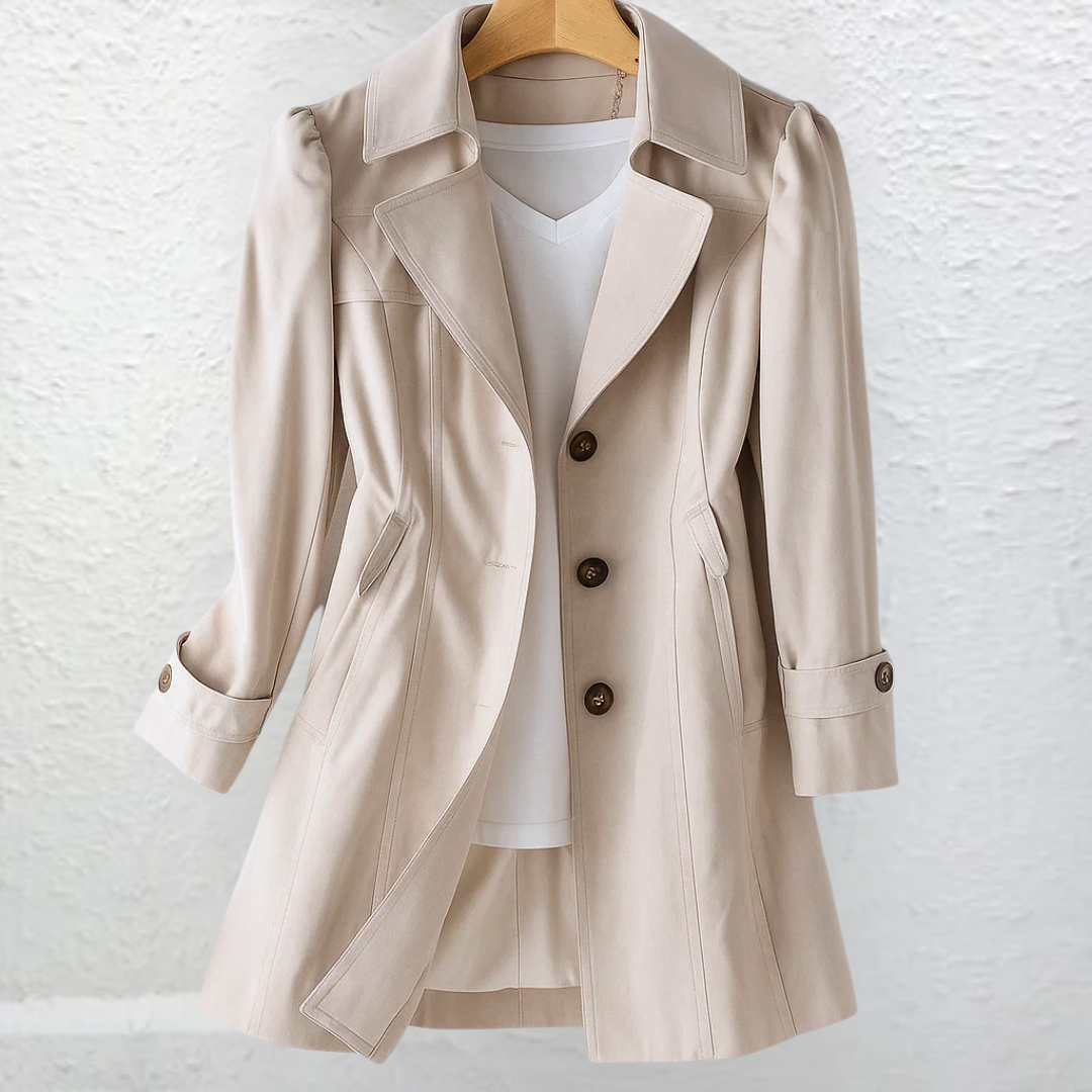 Women's tailored knee-length trench coat with notched lapels and button fastening