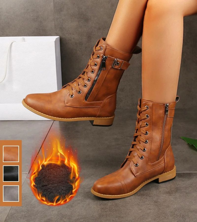 Women's mid-height combat boots with laces, side zip and buckle detail