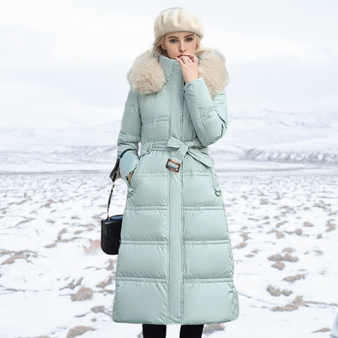 Women's long quilted hooded coat with fur-style trim