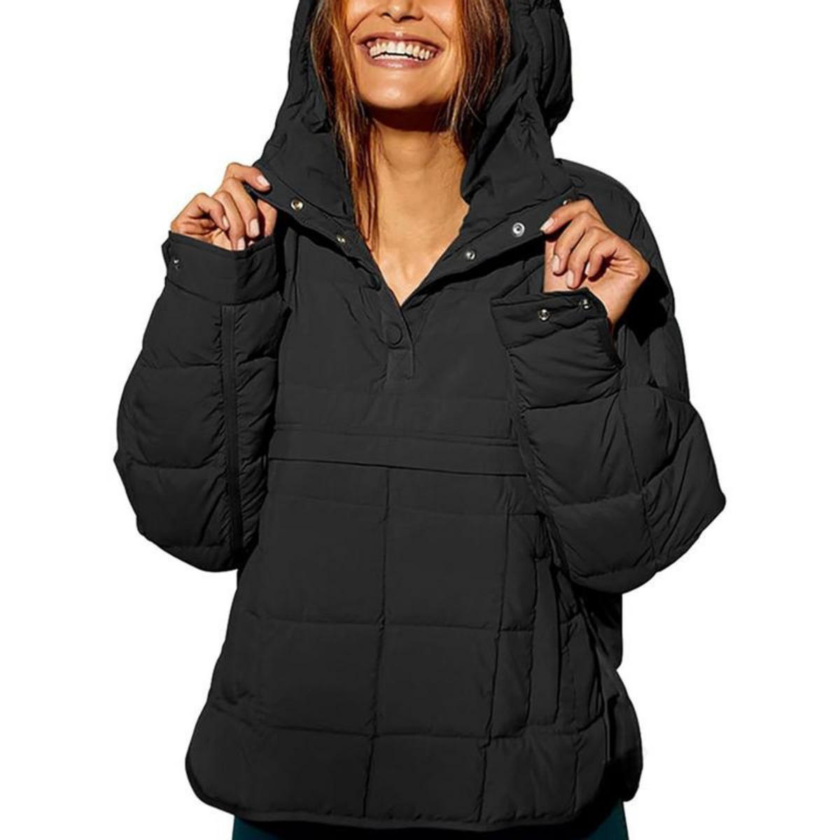 Women's oversized quilted hooded pullover jacket with long sleeves and front pockets