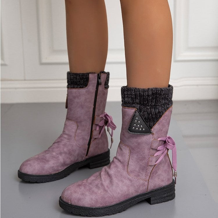 Women's mid-calf boots with side zips, lace-up detail, knitted cuffs and low heels