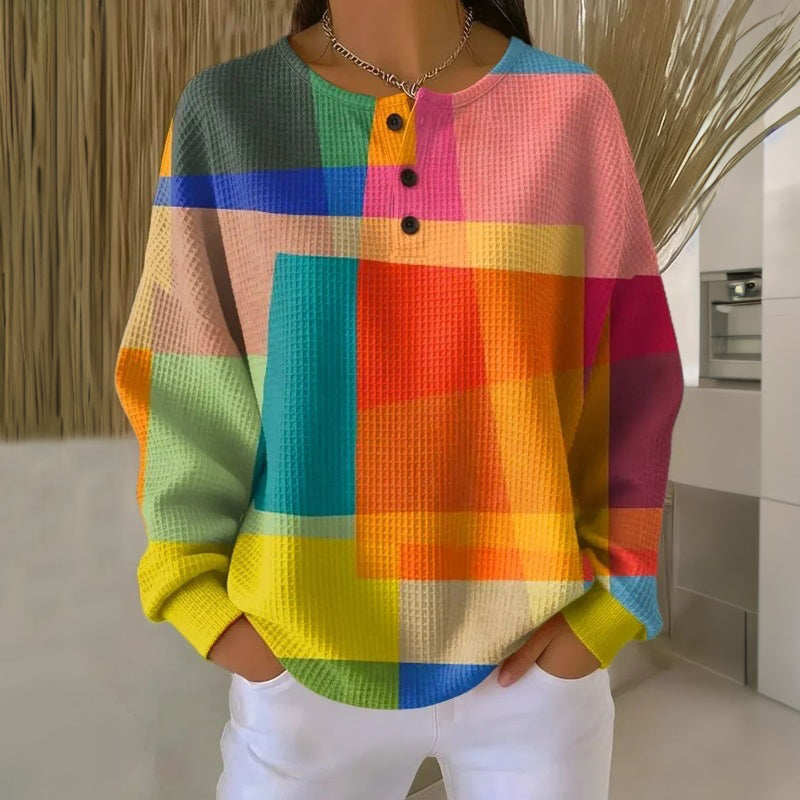 Women's multicoloured geometric button front sweatshirt with long sleeves
