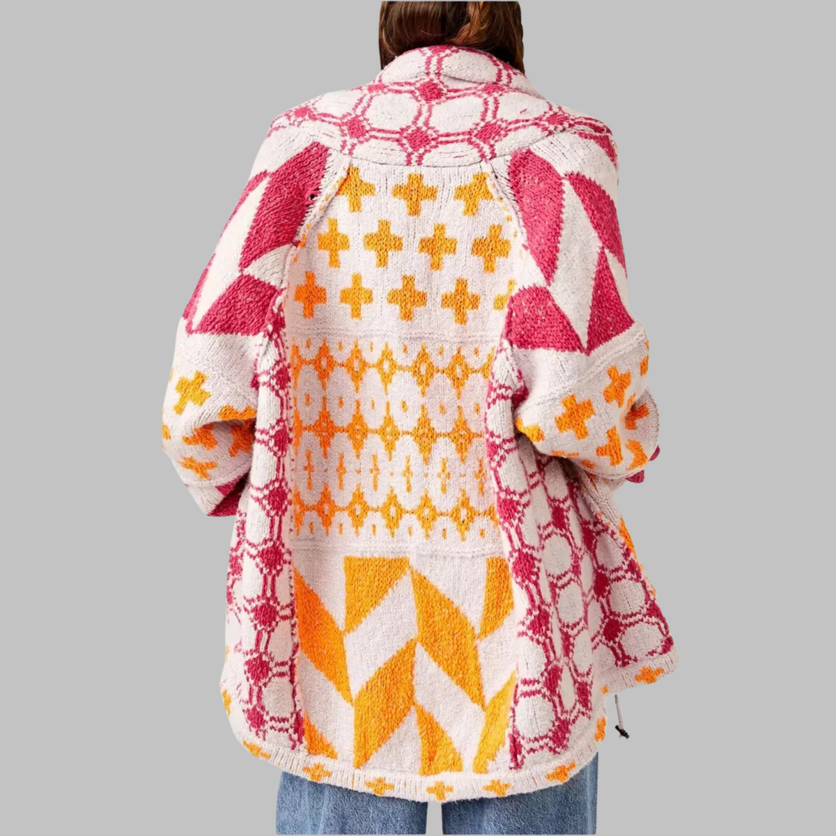 Women's oversized multi-patterned cardigan with shawl collar and button front