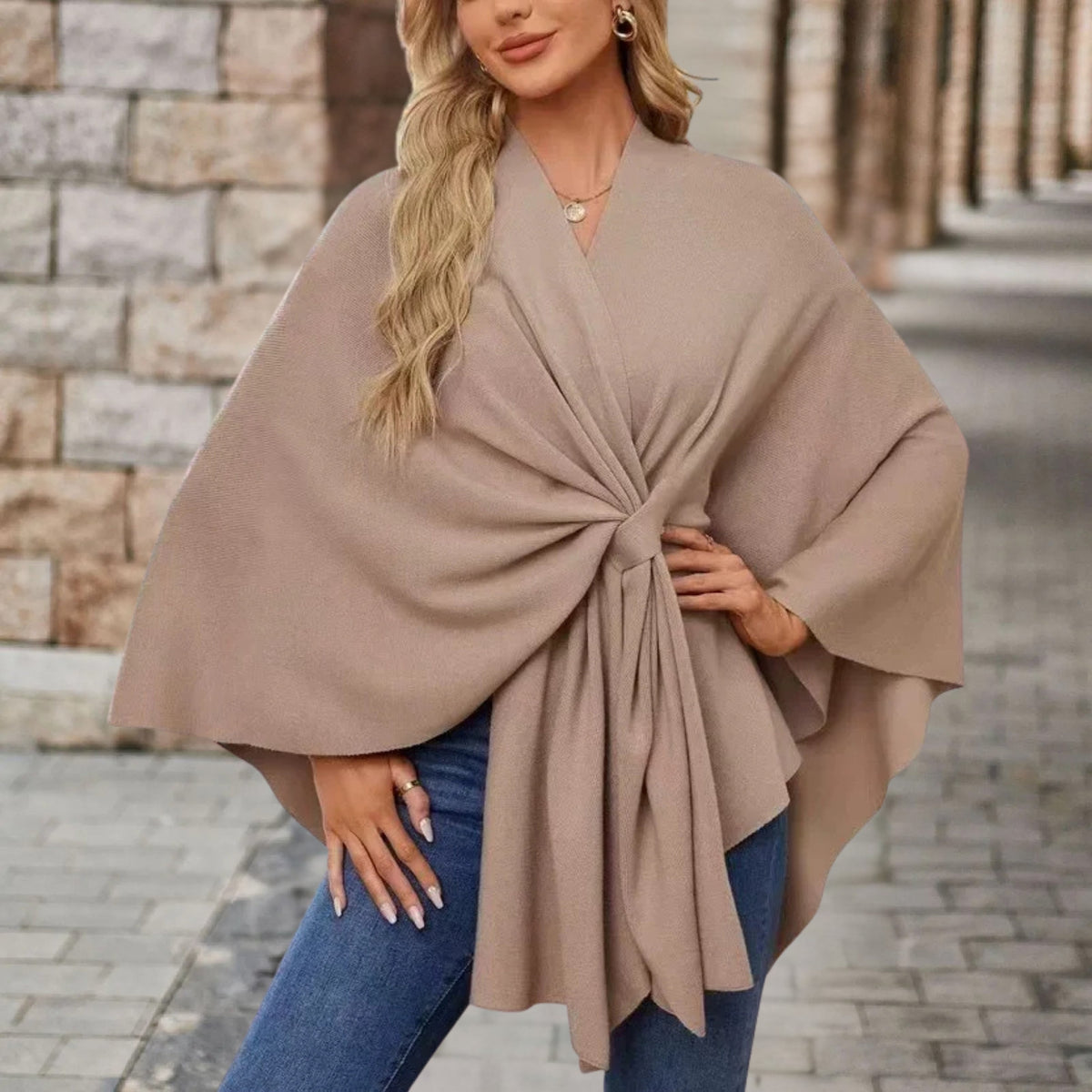 Women's batwing draped cape coat with tie waist and V-neckline