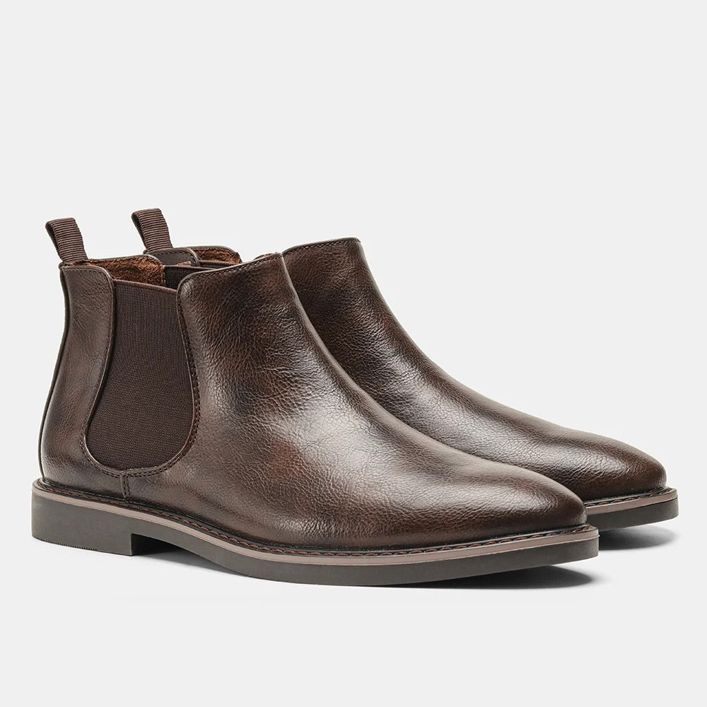 Men's Chelsea Boot Leather-Look Elastic Side Panel - Dark brown