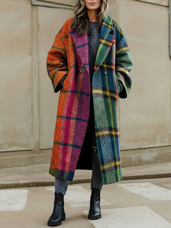 Women's multicolour checked plaid long coat with lapel collar and three-quarter sleeves