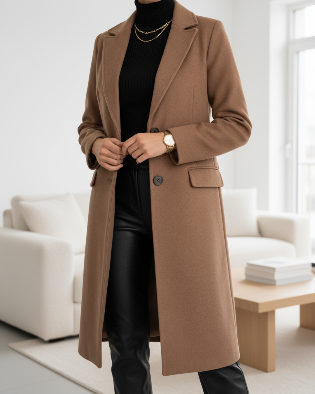 Women's long tailored coat with notched lapels, long sleeves and button front