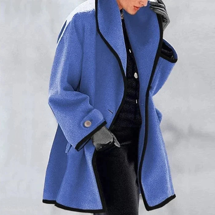 Women's contrast trim coat with wide lapel collar and long sleeves