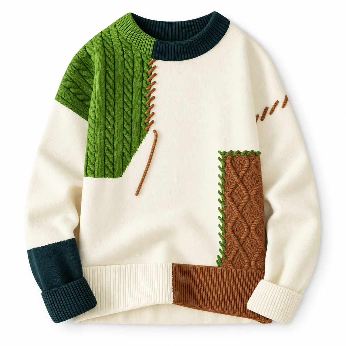 Unisex patchwork cable knit sweater with contrasting panels and ribbed trims