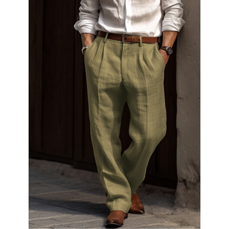 Men's Linen Trousers Relaxed Fit Pleated Waist - Green