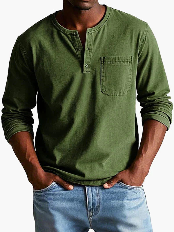 Men's long sleeve Henley shirt with Mandarin collar and chest pocket