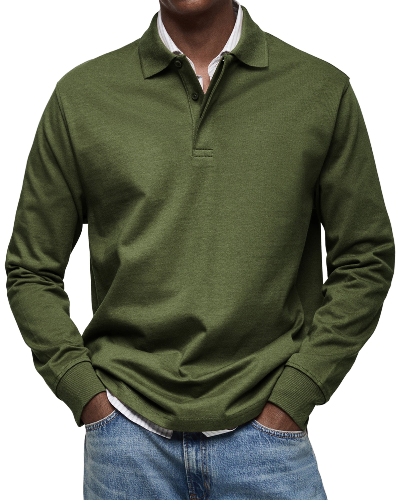 Men's long-sleeve polo jumper with collared neckline and button placket