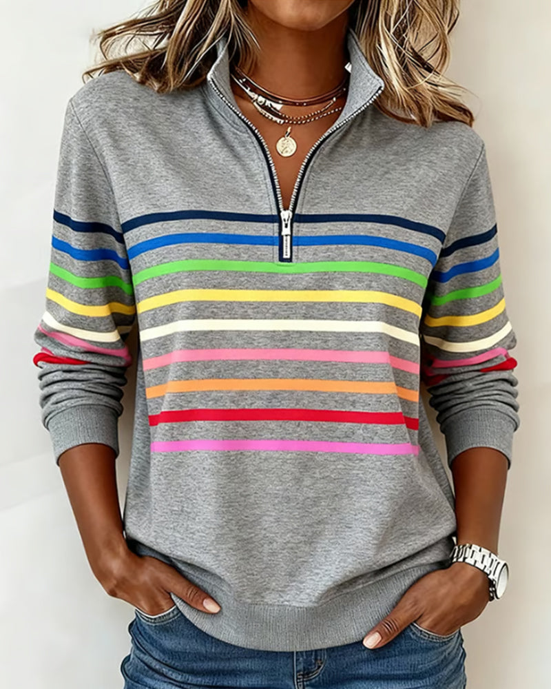 Women's striped half-zip sweatshirt with mock neck and long sleeves