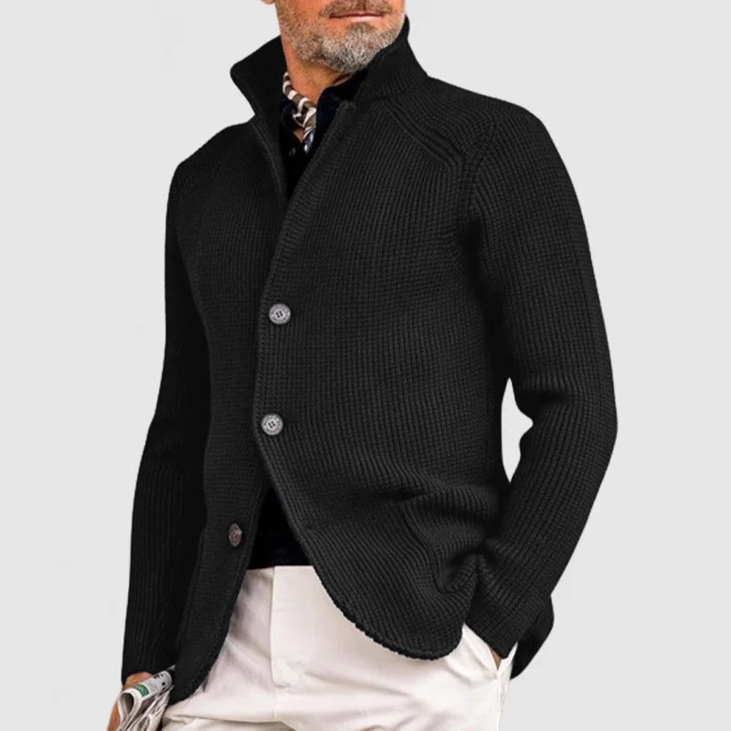 Men's textured knitted cardigan with mock neck, button front and pockets