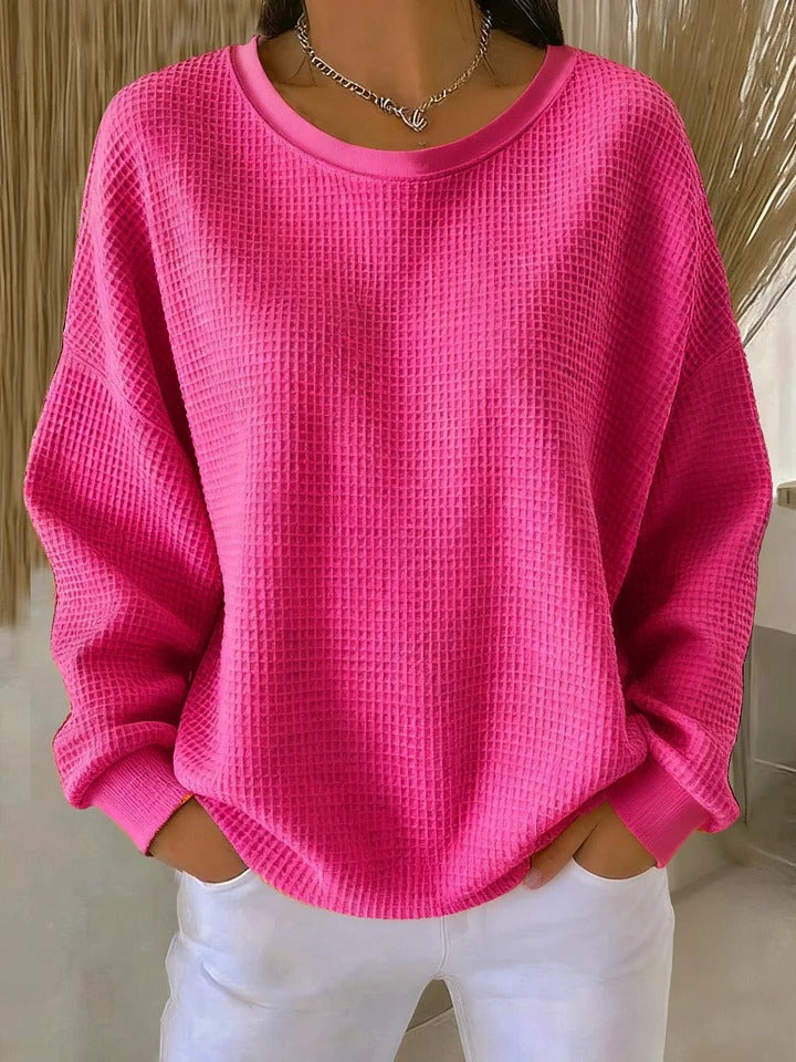 Women's long-sleeve waffle-knit crew-neck jumper with ribbed trims