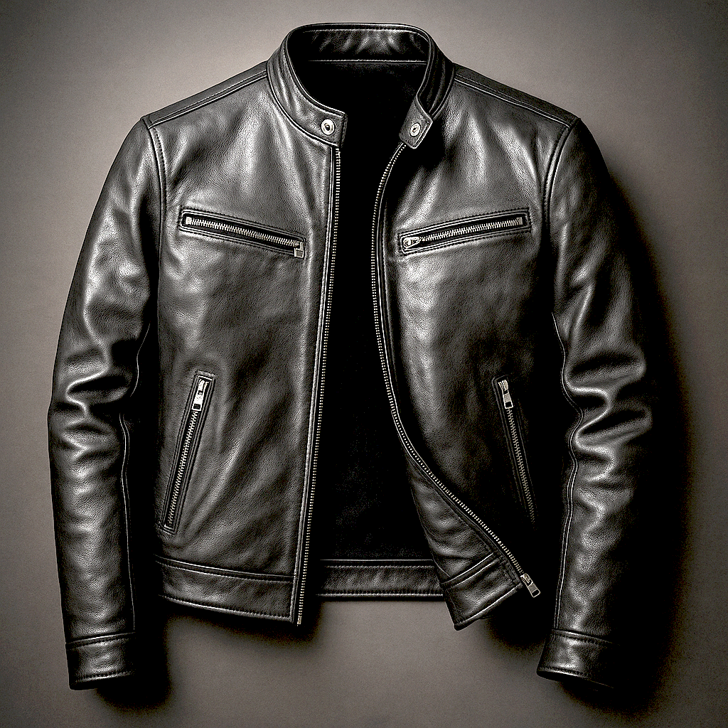 Men's Leather Jacket Slim Fit Band Collar - Brown