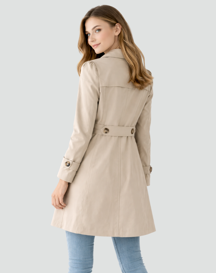 Women's slim fit trench coat with notched lapels, buttons and flap pockets