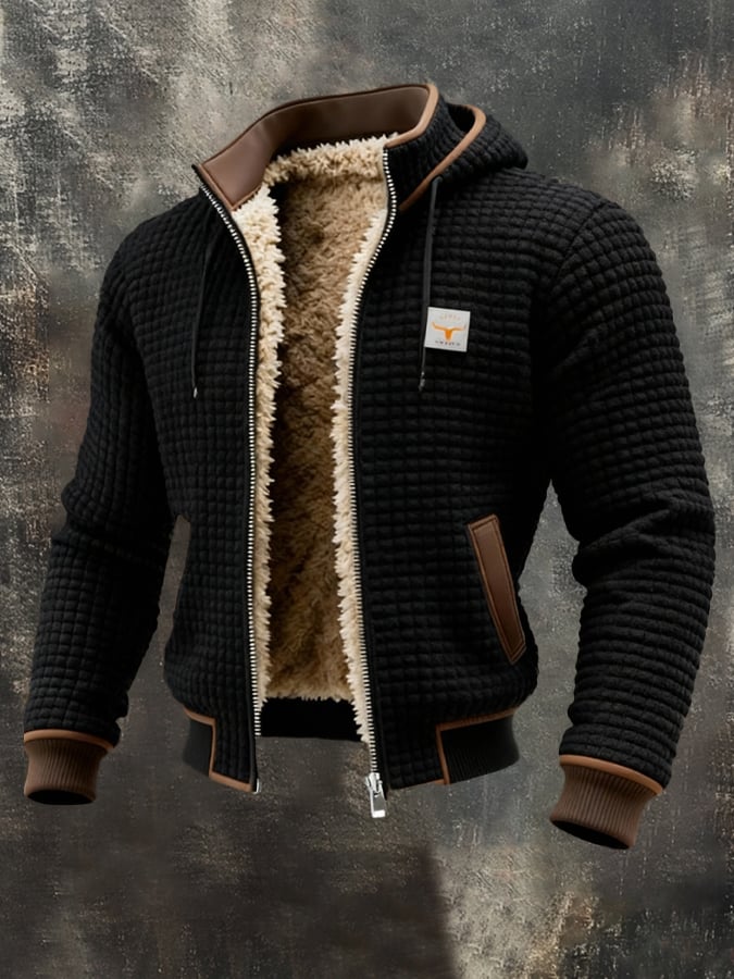 Men's quilted hooded jacket with sherpa lining and zip fastening