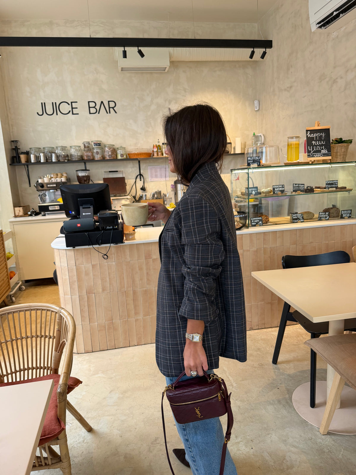 Women's grey checked asymmetric blazer with long sleeves