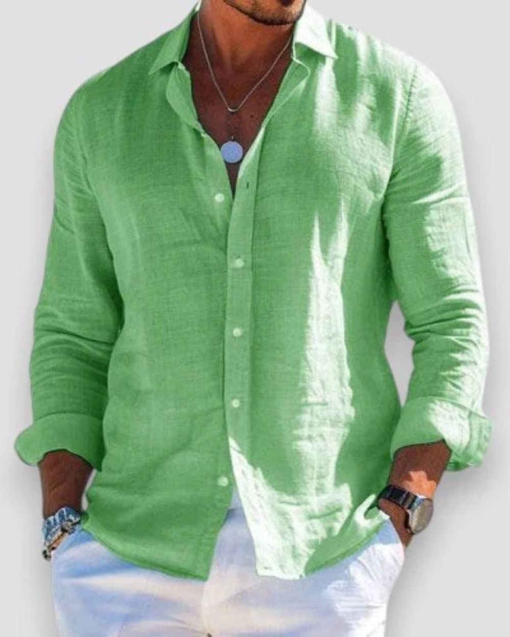 Men's plain long-sleeve button shirt with collared neckline and rolled cuffs