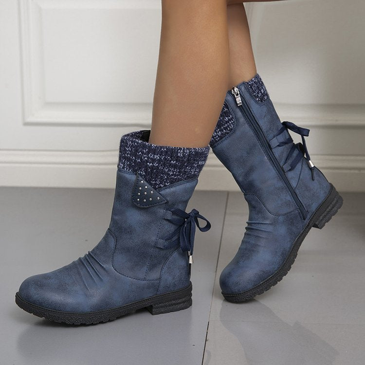 Women's mid-calf boots with side zips, lace-up detail, knitted cuffs and low heels