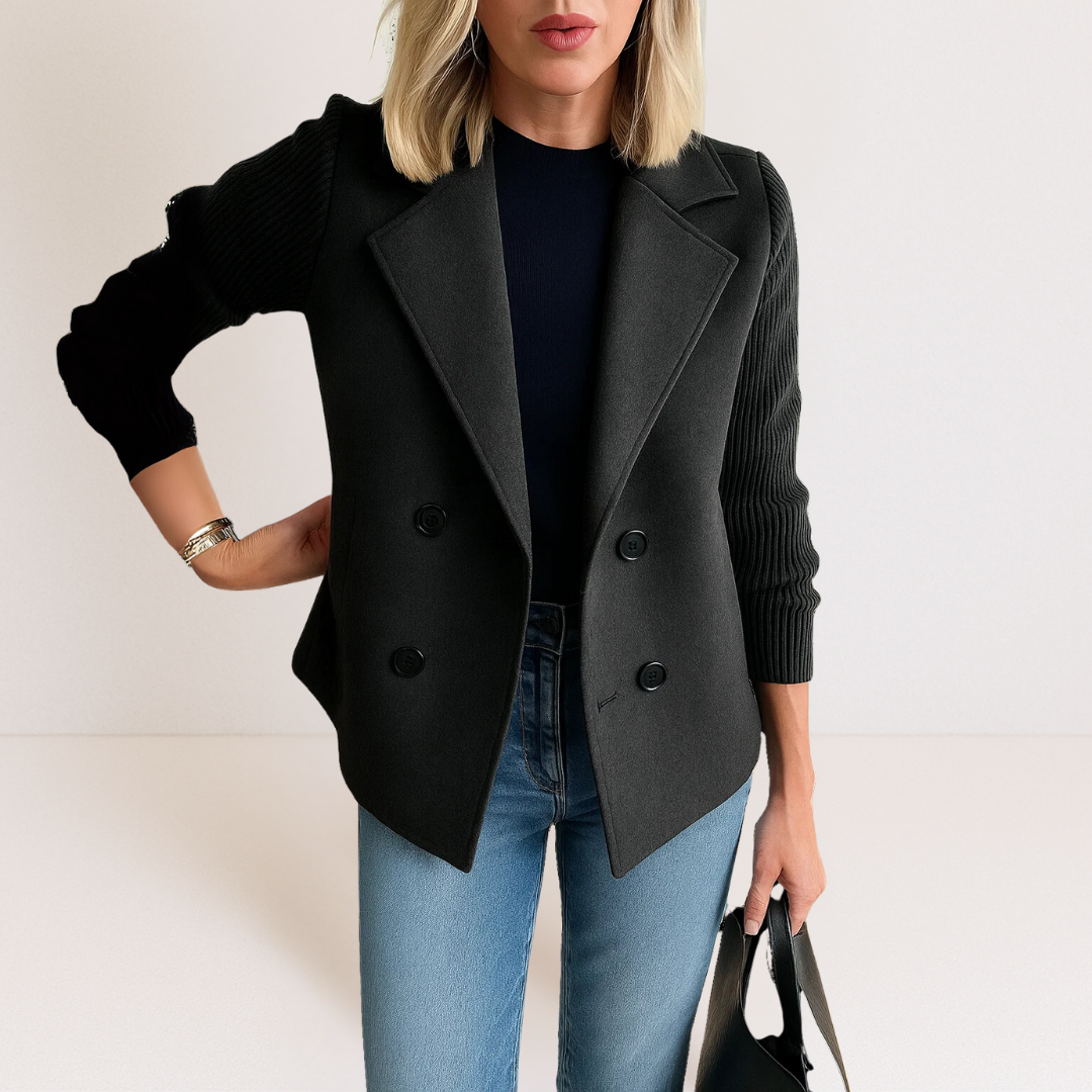 Women's double-breasted blazer with ribbed sleeves and notched lapels