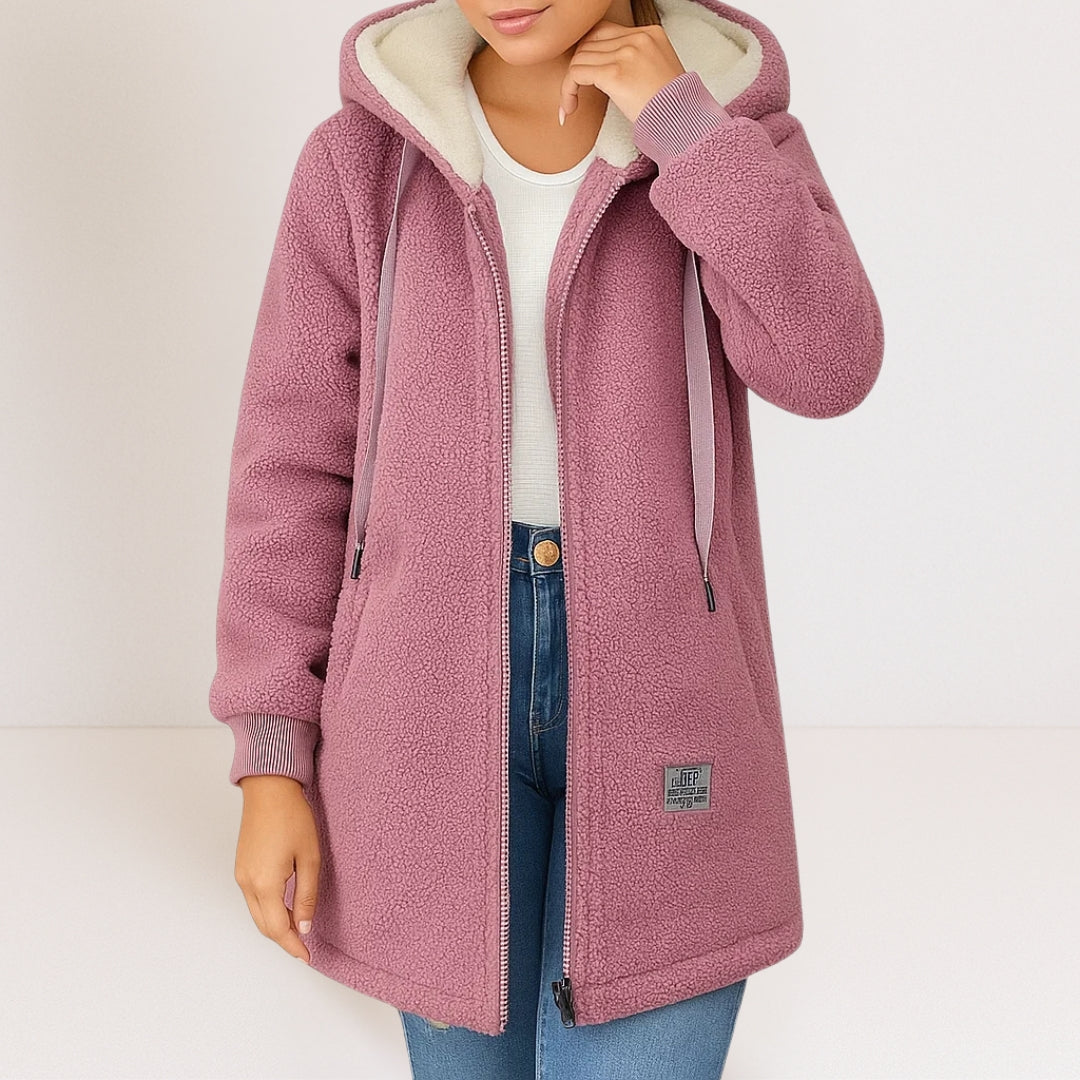 Women's longline hooded fleece jacket with zip front and pockets