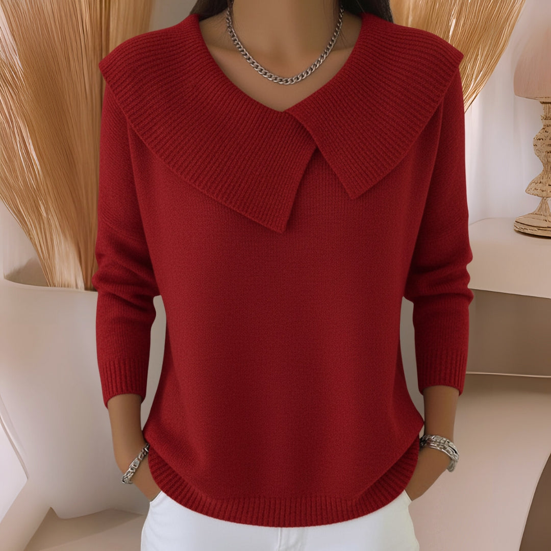 Women's long-sleeve collared jumper with broad ribbed collar and cuffs