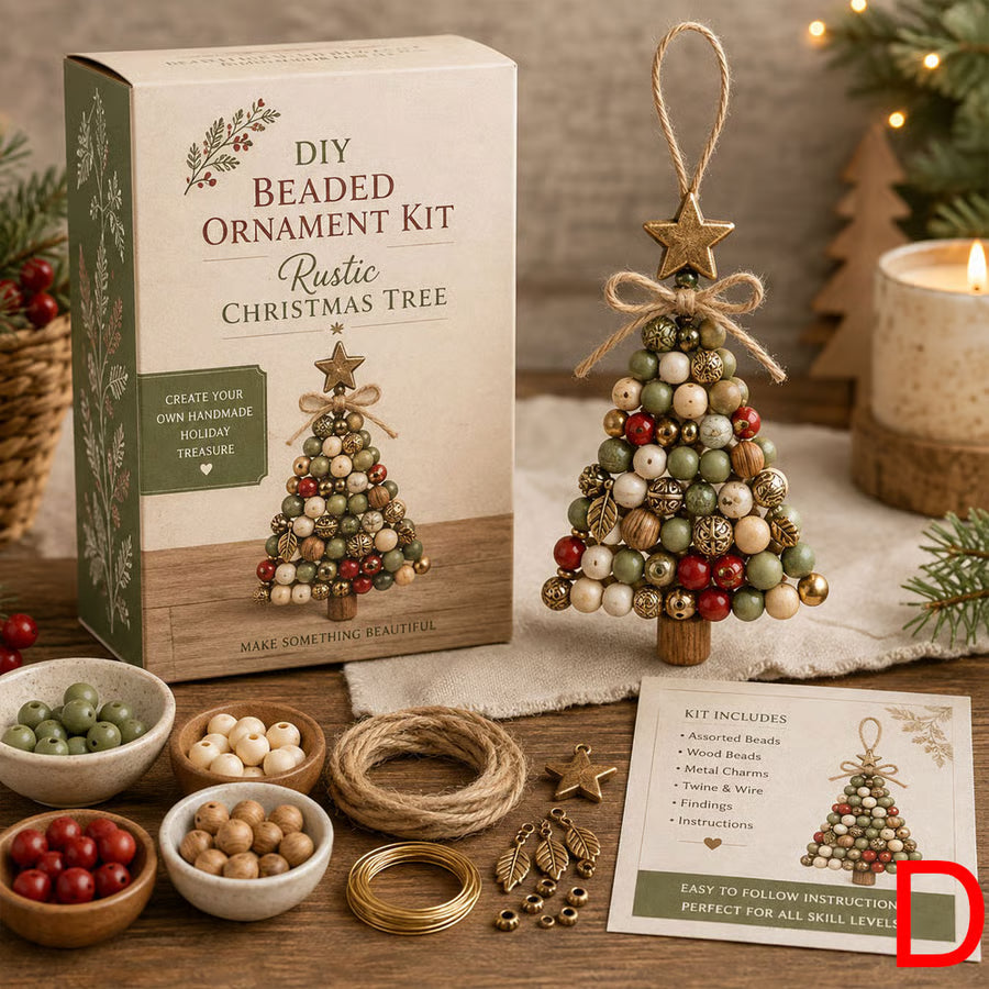 DIY beaded Christmas ornament kits with layered tree and snowflake designs, beads, wire and instructions