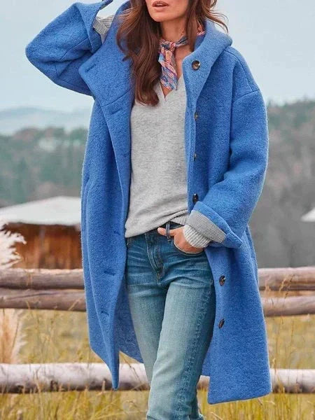 Women's hooded longline coat with button front, long sleeves and large pockets