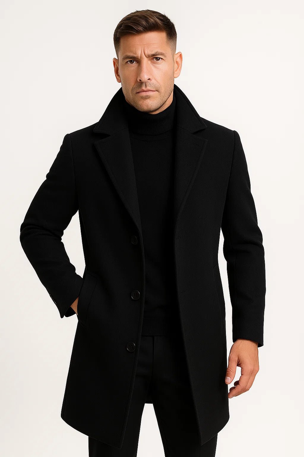 Men's longline trench coat with notched lapels and button front
