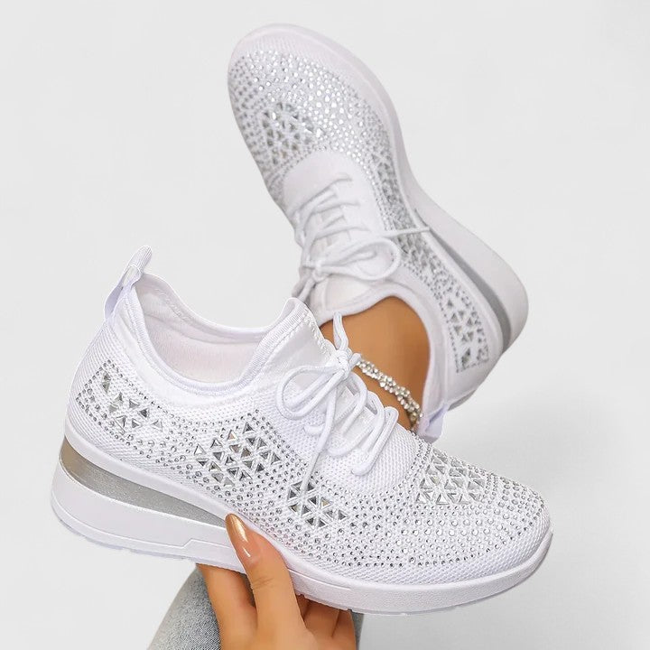 Women's Sneakers Rhinestone Embellished Wedge Lace-Up - White
