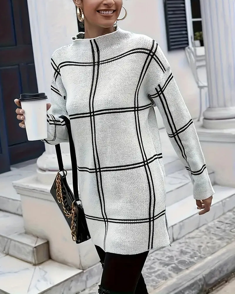 Women's white checkered mock neck jumper with long sleeves and side splits
