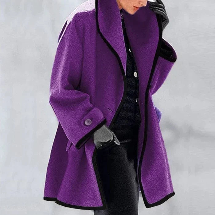 Women's contrast trim coat with wide lapel collar and long sleeves