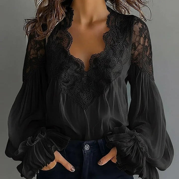 Women’s Lace Ruffle Blouse | Puff Sleeve V-Neck Top