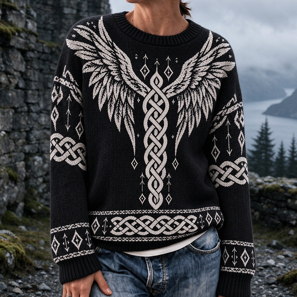 Women's black jumper with contrasting Celtic knot and wing pattern