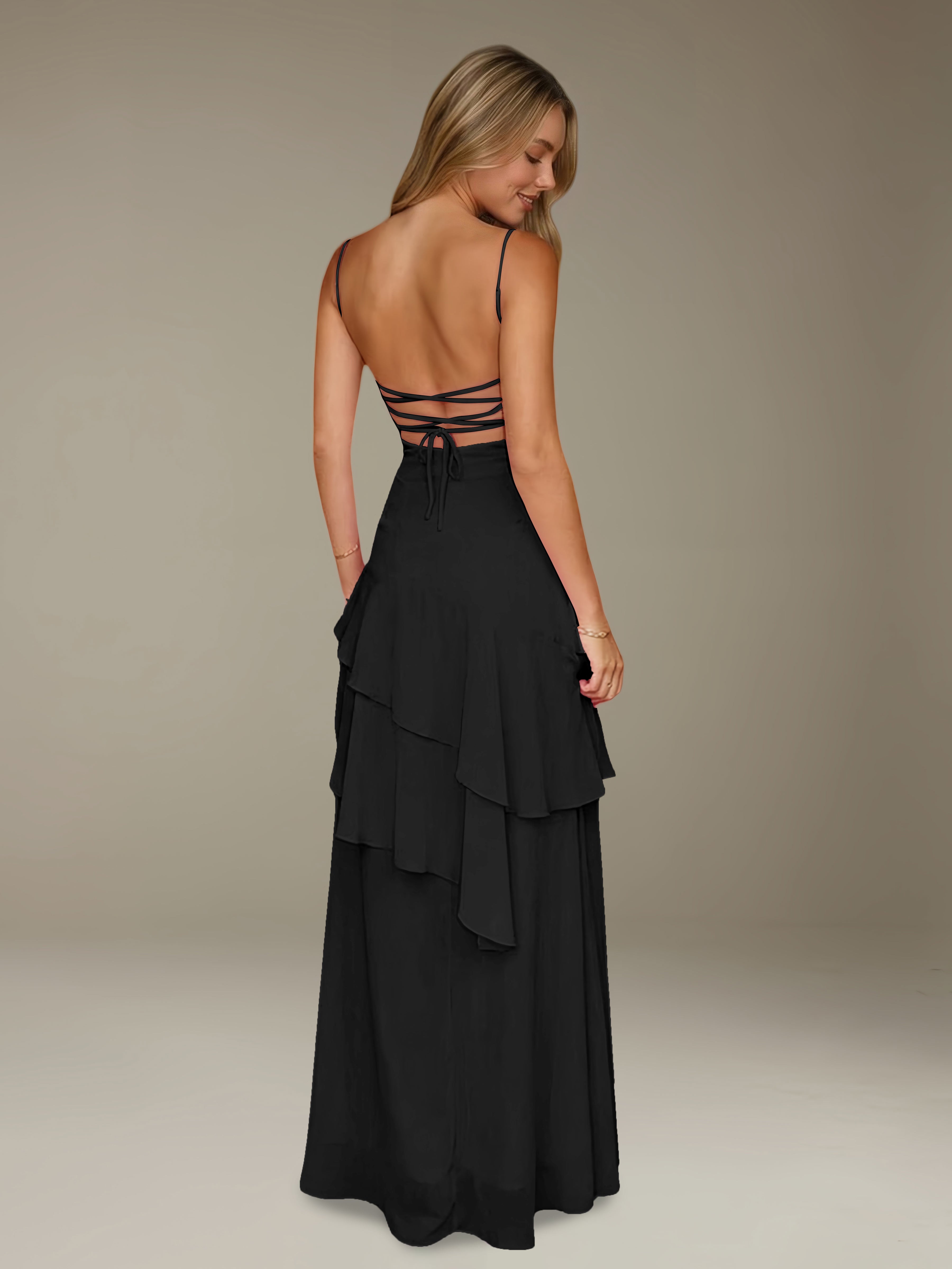 Women’s Chiffon A-Line Maxi Dress | Spaghetti Strap Tiered Occasion Gown