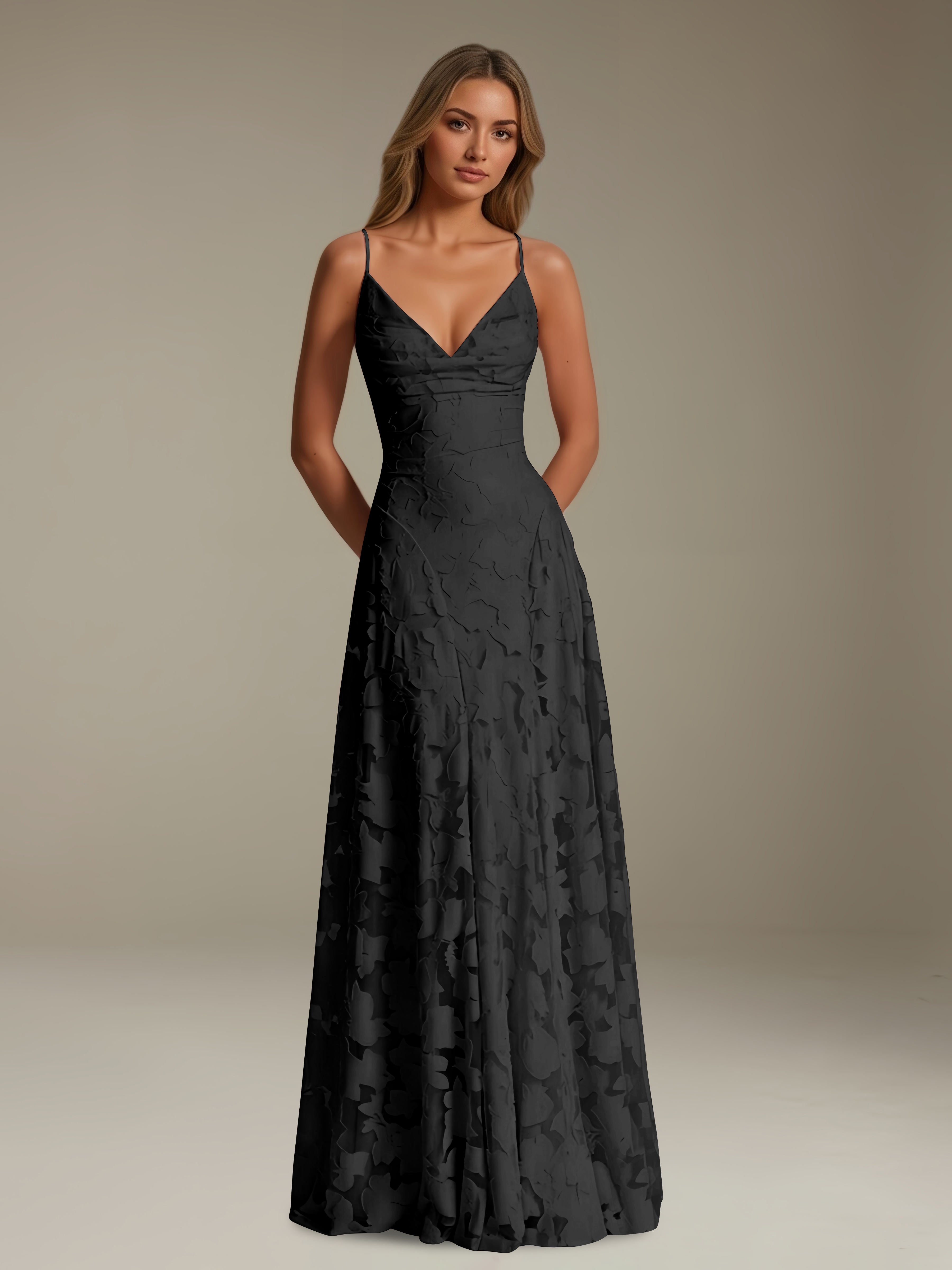 Women’s Floral Lace A-Line Maxi Dress | V-Neck Spaghetti Strap Occasion Gown