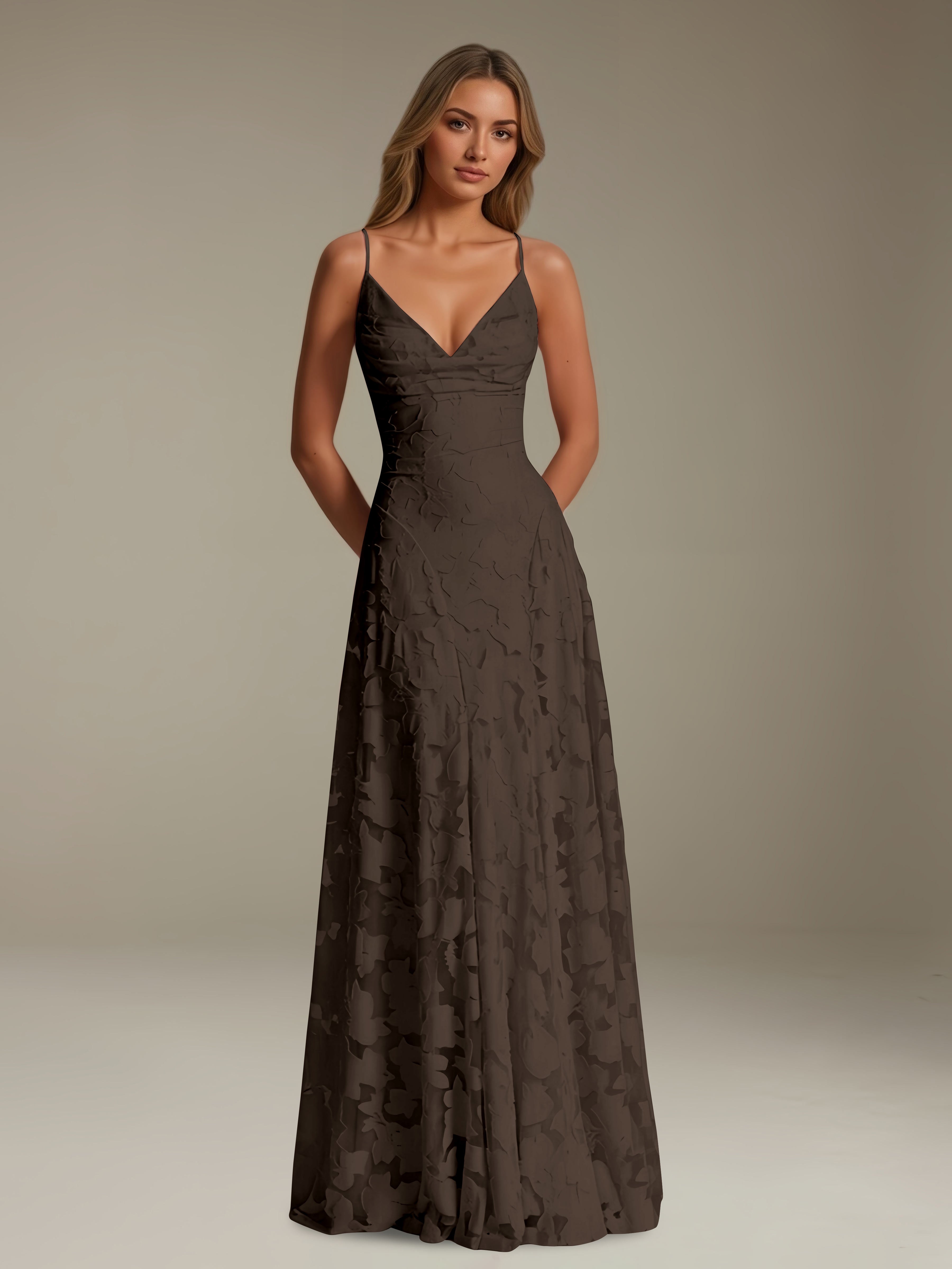 Women’s Floral Lace A-Line Maxi Dress | V-Neck Spaghetti Strap Occasion Gown