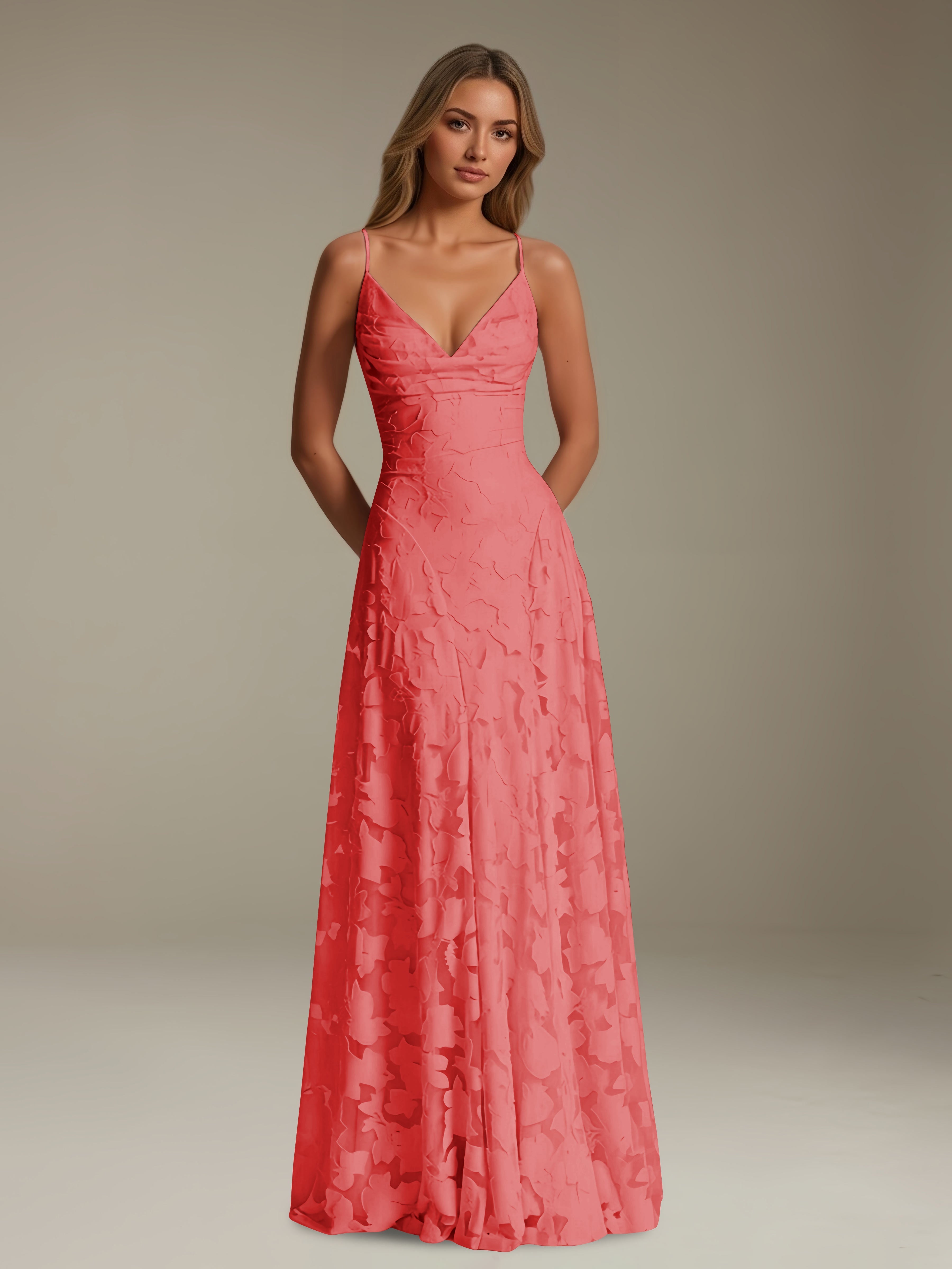 Women’s Floral Lace A-Line Maxi Dress | V-Neck Spaghetti Strap Occasion Gown
