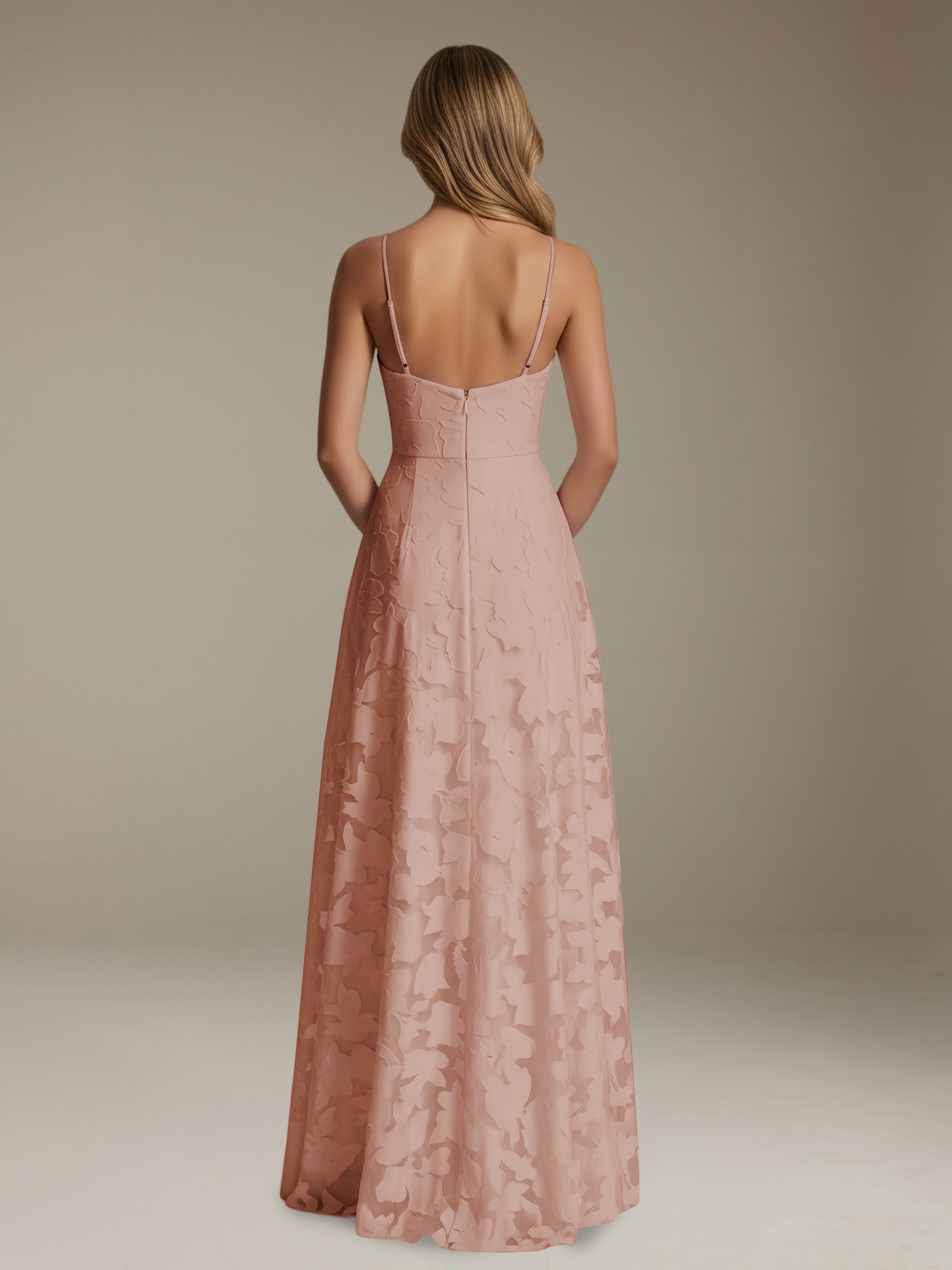 Women’s Floral Lace A-Line Maxi Dress | V-Neck Spaghetti Strap Occasion Gown