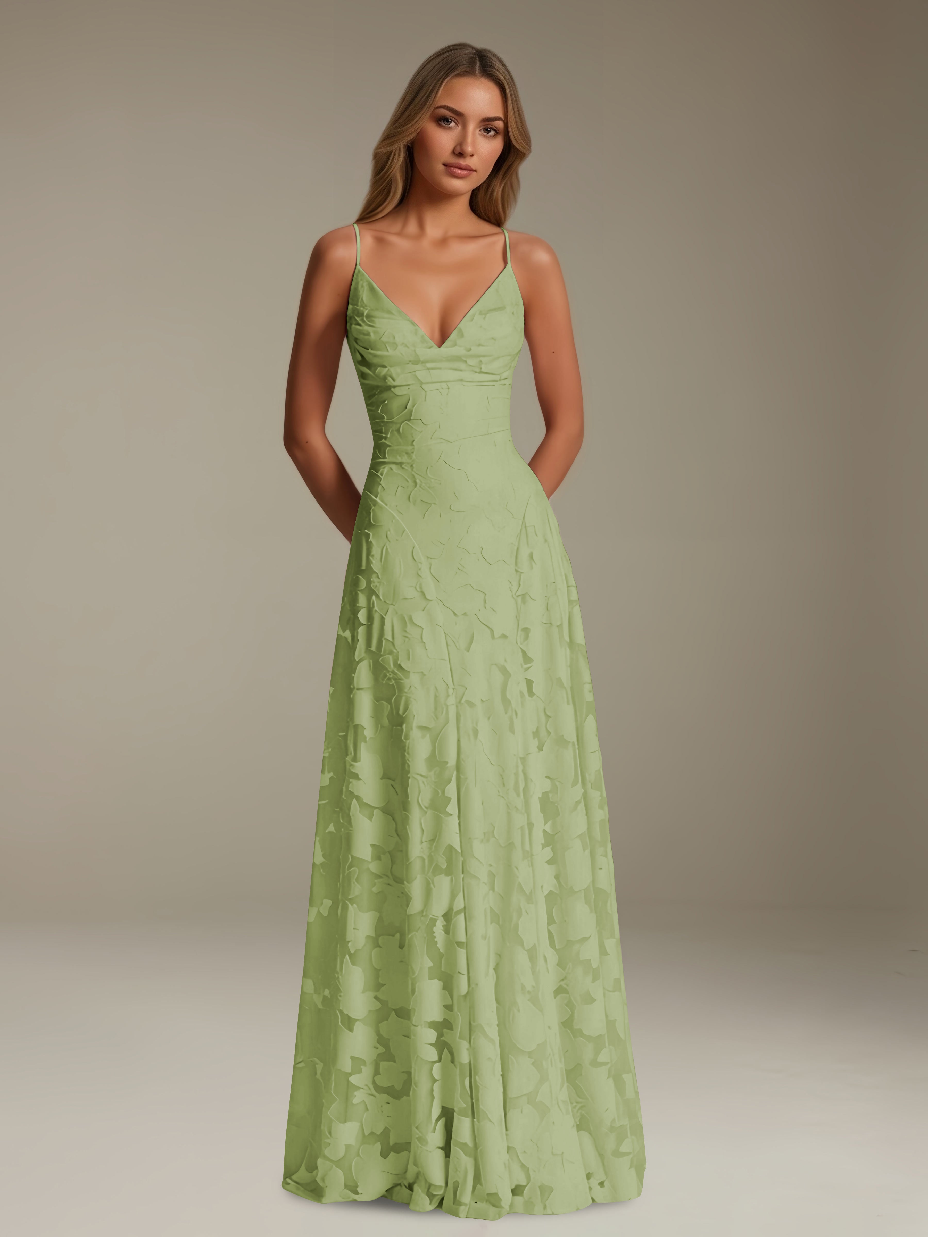Women’s Floral Lace A-Line Maxi Dress | V-Neck Spaghetti Strap Occasion Gown